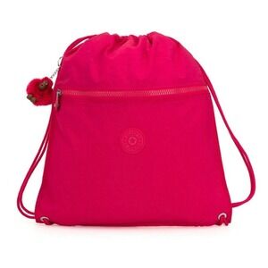 Kipling Pink‎ Drawstring Backpack Monkey Charm Front Zip Pocket